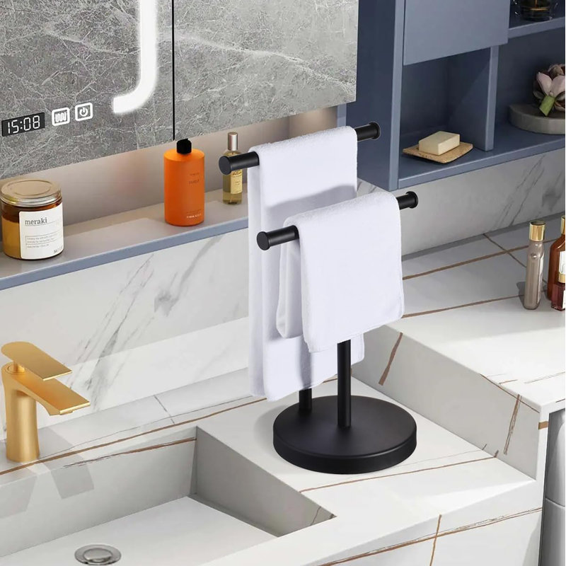 QIANXING Hand Towel Holder Stand with Marble Base, Double TShape Towel